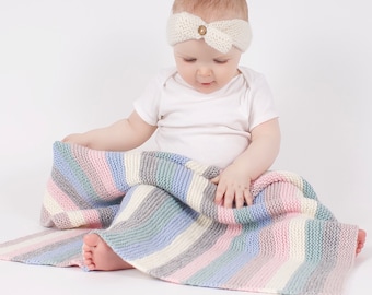 Baby Blanket Knitting Kit. Beginners Stripy Knitted Blanket. Baby Blanket Pattern By Wool Couture. Newborn Gift