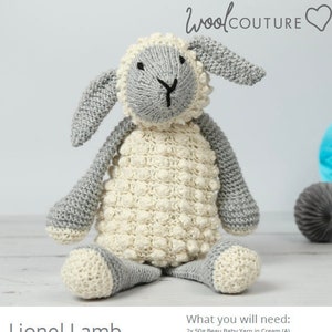 May include: Knitting kit for a Lionel Lamb toy. The kit includes cream and gray yarn, black yarn for facial features, knitting needles, a tapestry needle, and toy stuffing. The kit is shown with a finished knitted lamb toy.