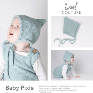 May include: A teal green baby pixie hat knitting pattern with instructions for making the hat. The pattern includes a photo of a baby wearing the hat. The pattern is called "Baby Pixie Hat" and is from Wool Couture.