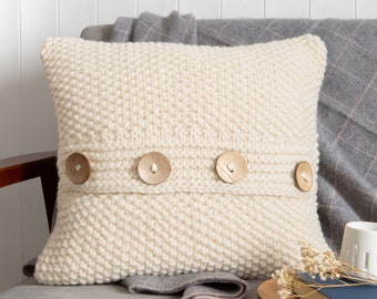 Seed Stitch Cushion Knitting Kit: Chunky Merino Wool, Coconut Buttons