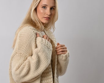 Long Cardigan Knitting Kit.  Easy Oversized Cardi Knit Kit. Beginners knitting pattern by Wool Couture.