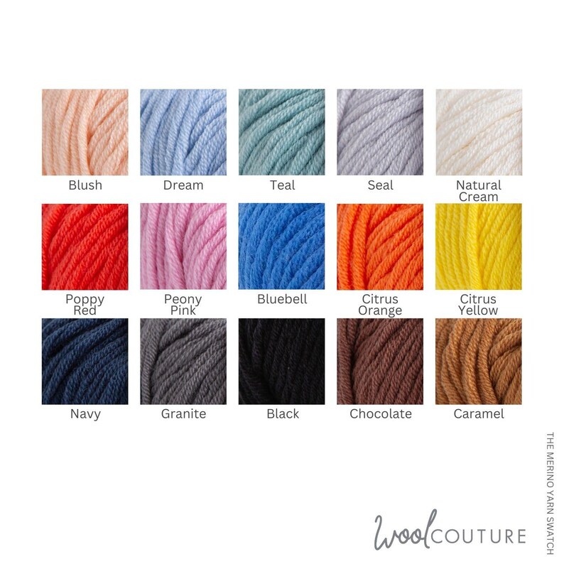 May include: Swatch card displaying 15 different colours of merino wool yarn. The colours are: Blush, Dream, Teal, Seal, Natural Cream, Poppy Red, Peony Pink, Bluebell, Citrus Orange, Citrus Yellow, Navy, Granite, Black, Chocolate, and Caramel.