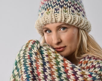 Ellie Easy Rainbow Hat Knitting Kit. Beanie Knit Kit. Rainbow Merino Yarn. Kit By Wool Couture Company