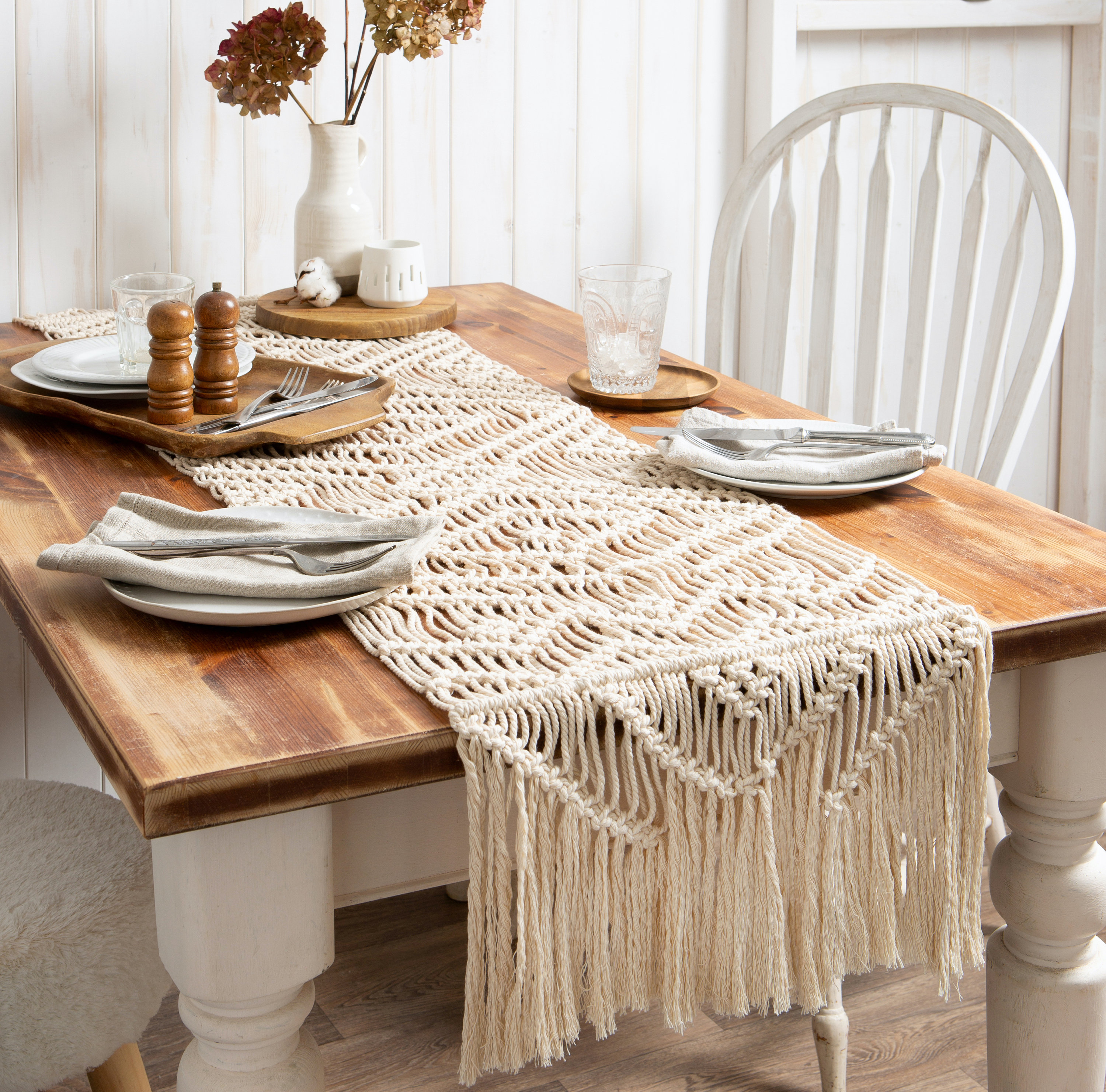 Chemin de table en macramé - Style bohème - Avec pompons - En coton et  toile de jute tissé à la main