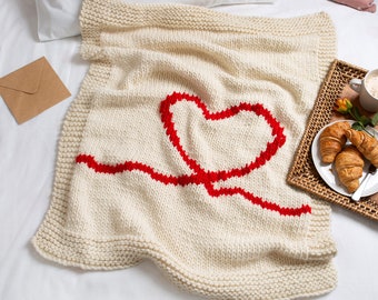 Blanket Knitting Kit. Easy Knit Kit. Cottagecore Wool Throw. Valentines Heart Blanket Pattern By Wool Couture