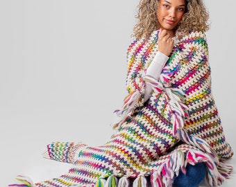 Ellie Easy Rainbow Wrap Crochet Kit. Huge Winter Wrap Blanket Crochet Kit. Rainbow Merino Yarn. Kit By Wool Couture Company