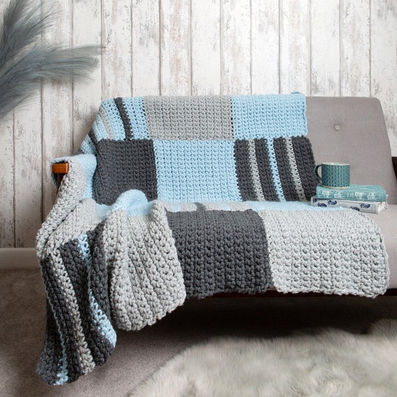 Beginners Chequered Large Blanket Crochet Kit Blue Easy Beginners