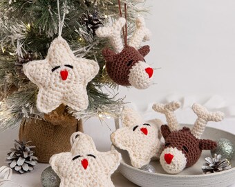 Rendieren en sterren. Kerstballen. Eenvoudig haakpakket.