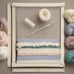 May include: A wooden loom with a partially completed tapestry featuring a variety of colors and textures. The loom is surrounded by balls of yarn in various shades of pink, white, blue, and green. The yarn is ready to be woven into the tapestry.