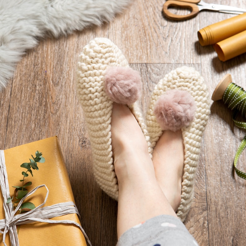 Slipper Knitting Kit. Make your own Mary Jane Slippers with a Knit Kit. Beginners knitting pattern by Wool Couture. image 2