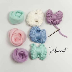 Pode incluir: Um conjunto de seis novelos de fio em v&aacute;rias cores pastel, incluindo rosa, azul, roxo e verde. O fio est&aacute; disposto em um c&iacute;rculo sobre um fundo branco. A palavra "Iridescent" est&aacute; escrita em it&aacute;lico preto abaixo do fio.