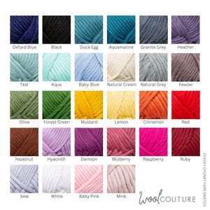 May include: Swatch card showing 20 different colors of chunky yarn. The colors include teal, aqua, baby blue, natural cream, natural grey, pewter, olive, forest green, mustard, lemon, cinnamon, red, hazelnut, hyacinth, damson, mulberry, raspberry, ruby, seal, white, baby pink, and mink.
