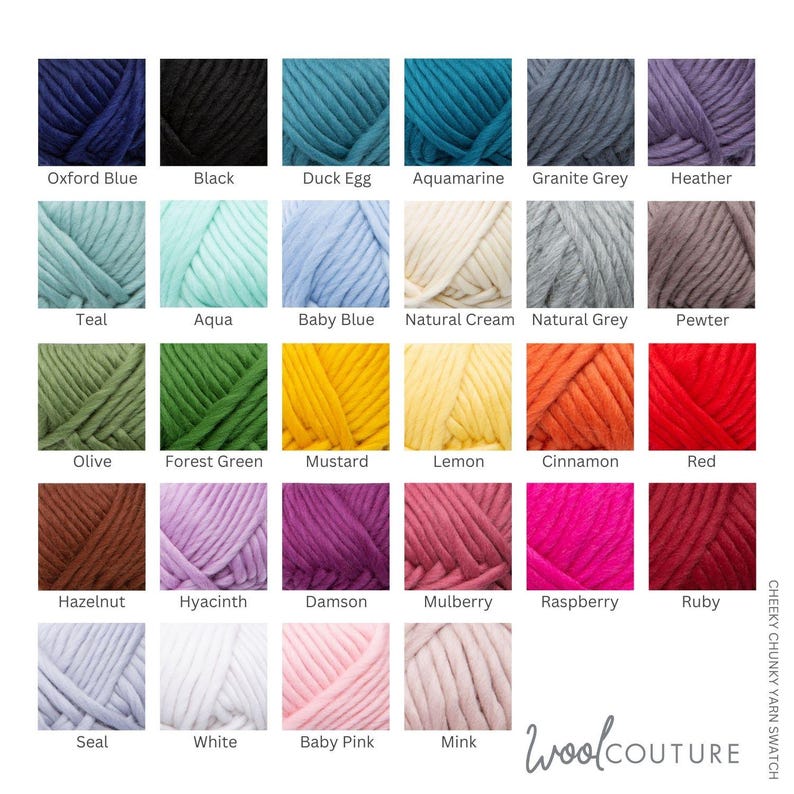 May include: Swatch card showing 20 different colors of chunky yarn. The colors include teal, aqua, baby blue, natural cream, natural grey, pewter, olive, forest green, mustard, lemon, cinnamon, red, hazelnut, hyacinth, damson, mulberry, raspberry, ruby, seal, white, baby pink, and mink.