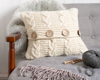 Cable Cushion Knitting Kit. Chunky Pillow Knit kit. Easy knitting pattern by Wool Couture.