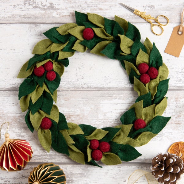 Felt Christmas Berry Wreath DIY Kit. Winter Holiday Decoration. Felt Craft Kit By Wool Couture Company