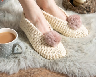 Slipper Knitting Kit. Make your own Mary Jane Slippers with a Knit Kit. Beginners knitting pattern by Wool Couture.