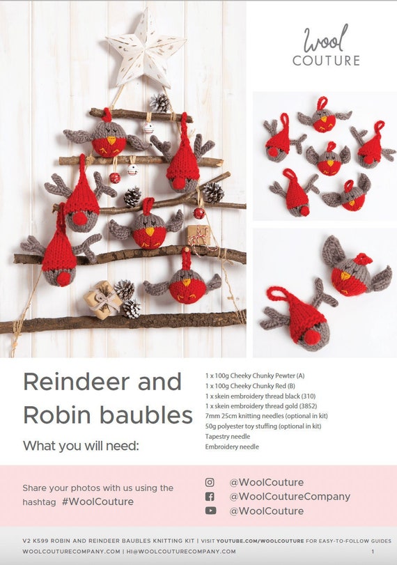Christmas Knitting PDF Pattern Reindeer and Robin Baubles Etsy UK