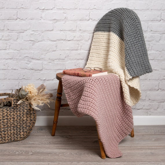 Hannah Blanket Crochet Kit. Stripy Throw Crochet Kit. Beginners crochet pattern by Wool Couture. Learn to Crochet.