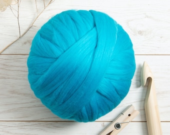 Turquoise Giant Yarn. Arm Knitting Merino Wool. Roving for Spinning, Felting and Fibre Art.  Extreme Yarn for Knitting by Wool Couture