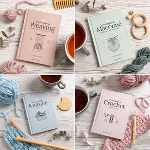May include: A collection of four hardcover craft books titled Pocket Book of Weaving, Macramé, Knitting, and Crochet by Claire Gelder. Each book features a soft-colored cover with a line-art illustration, surrounded by yarn, tea, and tools.