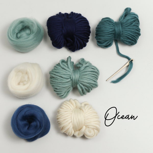 Weaving Supply Pack - Ocean. Yarn Pack. Felting. Wet Felting. Roving Carded Wool. Raw wool. Pompoms Tassels. Spinning Fiber Yarn bag