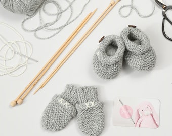 Baby knitting kit. Mittens and Booties Knitting Kit. Easy baby knit kit. Mittens knit kit. Bootie knit kit. Knitting Kit by Wool Couture