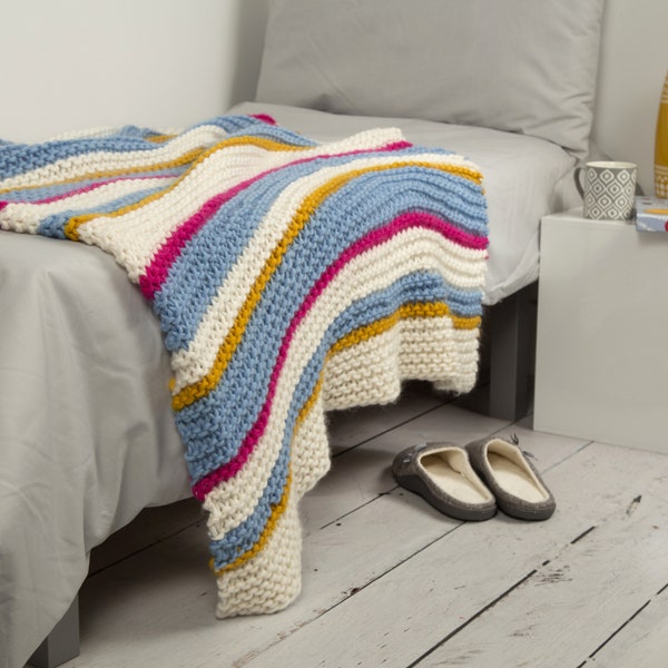 Mia Blanket Knitting Kit.  Stripy Throw Knit Kit. Beginners knitting pattern by Wool Couture.  Learn to knit.