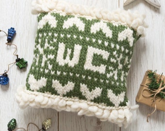 Christmas Cushion Knitting Kit. Personalised Cushion. Giant Chunky Christmas Pillow Knit Kit. Intermediate knitting pattern by Wool Couture.