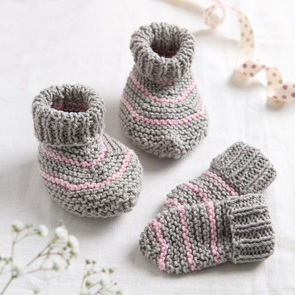 Baby Striped Booties and Mittens Knitting Kit | Easy Newborn Knit Kit | Striped Set Pattern By Wool Couture