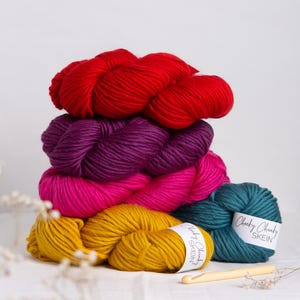 Könnte beinhalten: Ein Stapel aus fünf bunten Garnrollen in Rot, Lila, Rosa, Gelb und Türkis. Das Garn ist mit "Cheeky Chunky SKEIN" beschriftet.