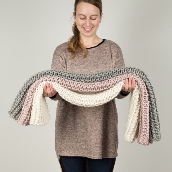 Hannah Blanket Knitting Kit. Stripy Throw Knit Kit. Beginners knitting pattern by Wool Couture. Learn to knit.