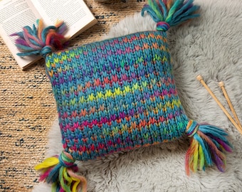 Ellie Easy Rainbow Cushion Knitting Kit. Scatter Cushion Cover Knit Kit. Rainbow Merino Yarn. Kit By Wool Couture Company