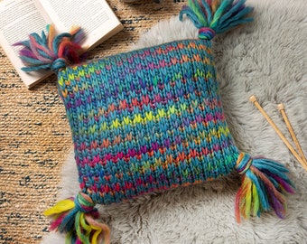 Ellie Easy Rainbow Cushion Knitting Kit. Scatter Cushion Cover Knit Kit. Rainbow Merino Yarn. Kit By Wool Couture Company