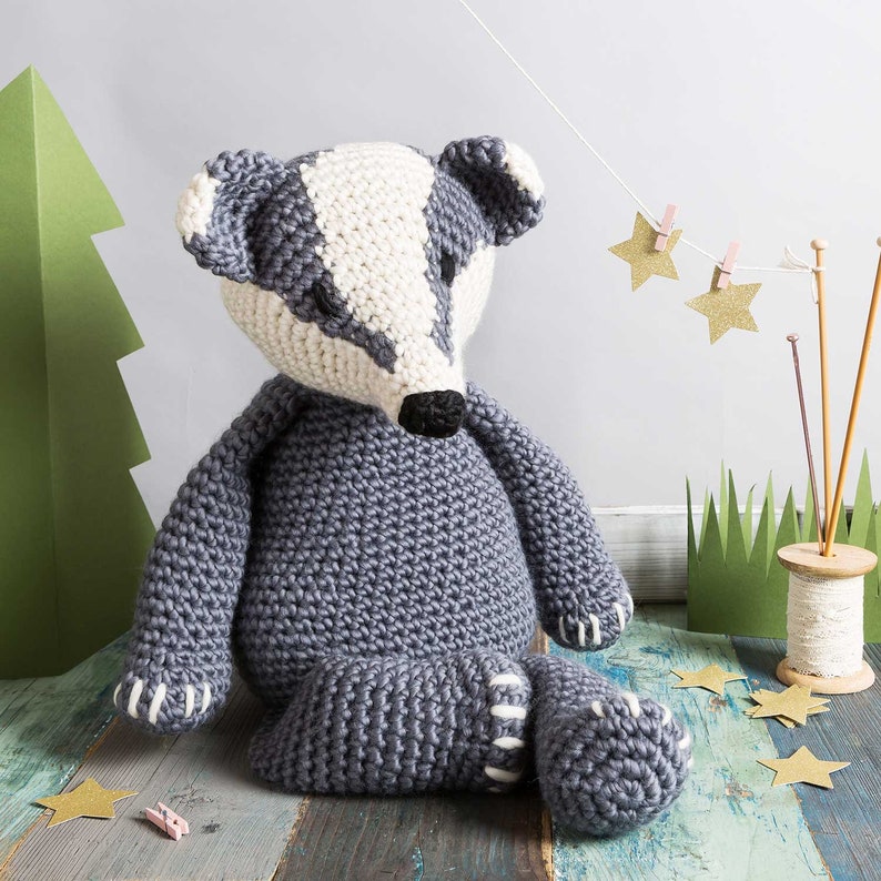 Badger Crochet Kit. Amigurumi Giant Chunky crochet Kit. Merino Yarn. Intermediate crochet pattern by Wool Couture image 1