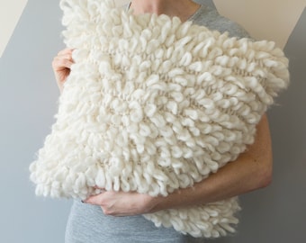 Cushion Knitting Kit. Loop Stitch Pillow Knit Kit. Faux Sheepskin Cushion. Easy knitting pattern by Wool Couture.