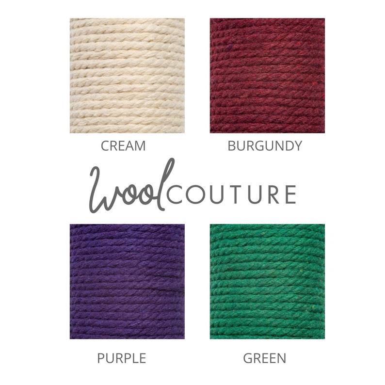 May include: Four samples of yarn in different colors: cream, burgundy, purple, and green. The yarn is displayed on a white background with the text "Wool Couture" in a cursive font.