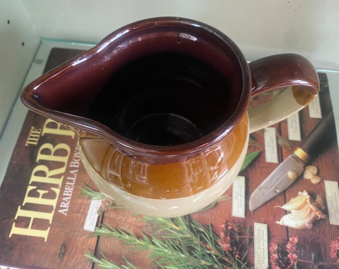 Vintage Mid Century Glazed Gold Striped Clay Pitcher