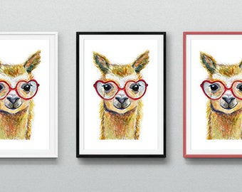 Alpaca/Llama with Heart Glasses Watercolor - Digital Print, Original Artwork