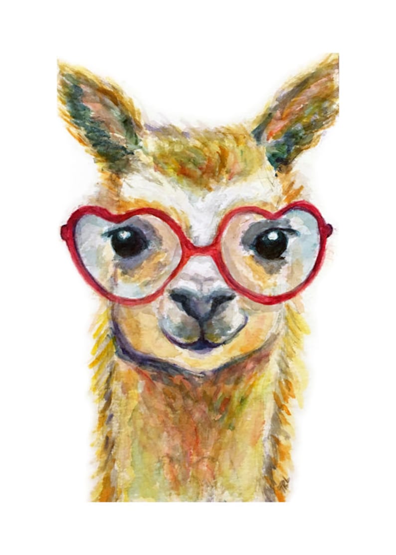 Alpaca Llama with Heart Glasses Watercolor Digital Print Etsy