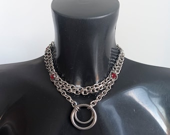 Gargantilla de cristal rojo Sian / Cadena gruesa / Gargantilla con doble anilla / Gargantilla gótica / Collar de cadena de motociclista