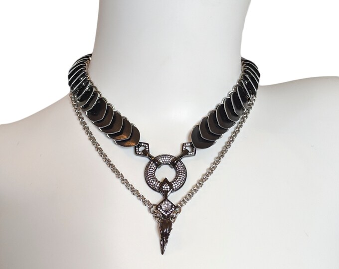 Scale Mail Necklace With Cubic Zirconia Paved Pendant. Etsy