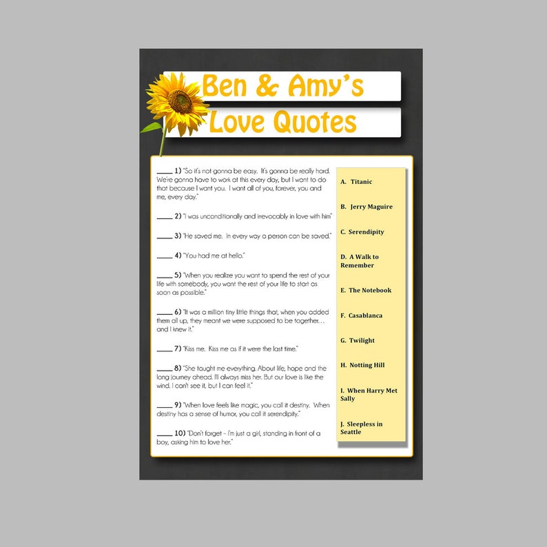 Bridal Shower Movie Love Quote Game Card 8 5x5 5 Digital Etsy