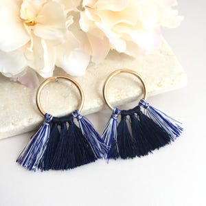 Fringe Cotton Tassel Earrings,Navy Blue Tassel Earrings,Fan Earrings,Gold Hoop Earrings,Boho Earrings,Statement Earrings Dangle Earrings