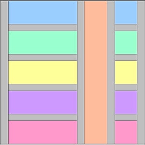 May include: A colorful rectangular wall shelf with five shelves. The shelves are painted in shades of light blue, green, yellow, purple, and pink. The shelf is divided into three sections, with a wider center section.