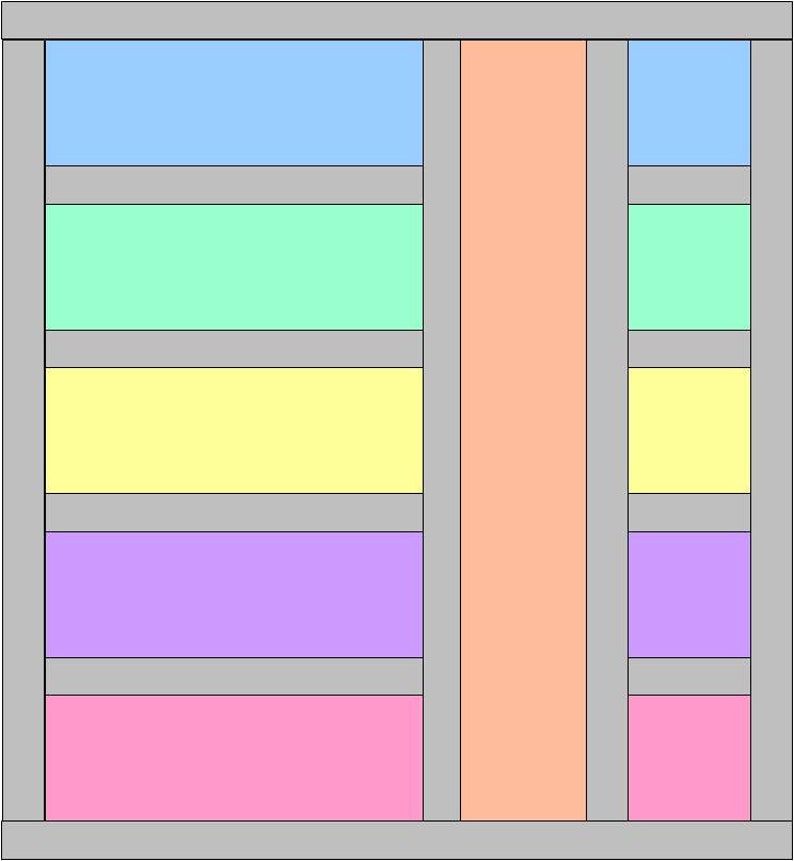 May include: A colorful rectangular wall shelf with five shelves. The shelves are painted in shades of light blue, green, yellow, purple, and pink. The shelf is divided into three sections, with a wider center section.