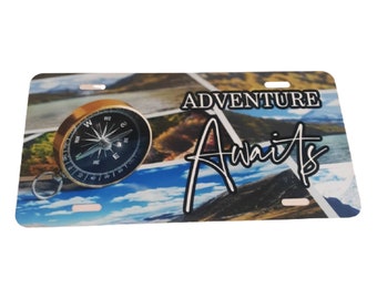 Adventure awaits, Camper tag, Car tag, license plate, vanity plate, camper's gift, adventurer's car tag