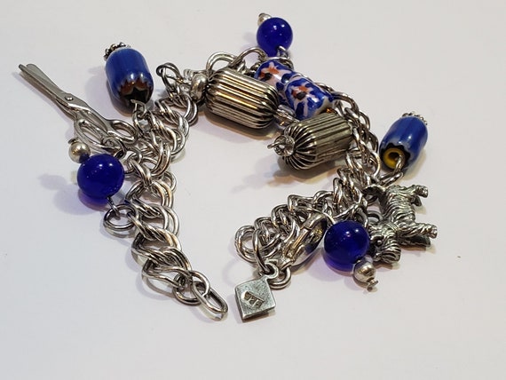 Vintage 925 Charm Bracelet, Double Link Blue Ster… - image 6