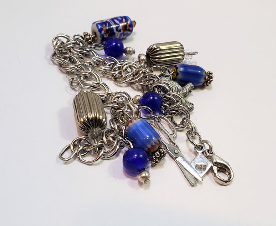 Vintage 925 Charm Bracelet, Double Link Blue Ster… - image 7
