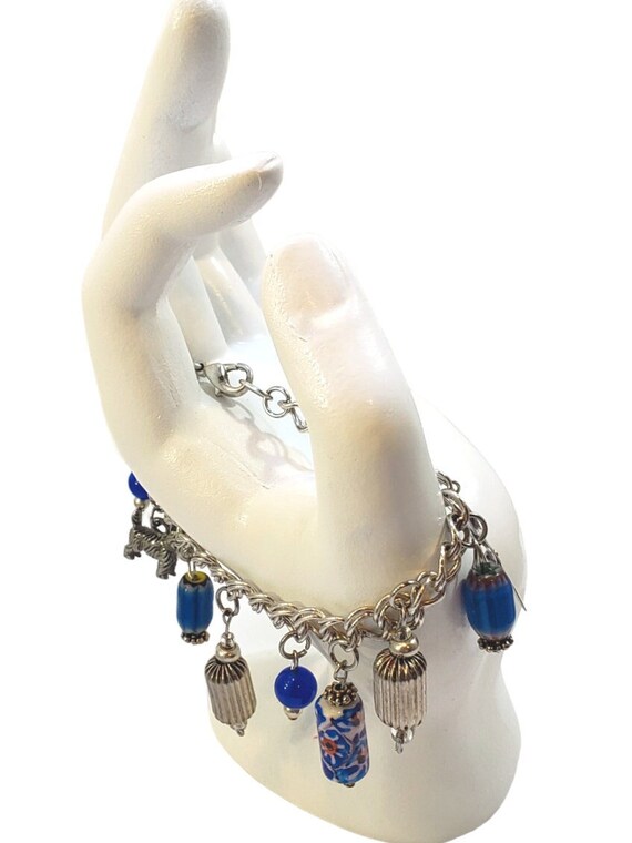 Vintage 925 Charm Bracelet, Double Link Blue Ster… - image 3