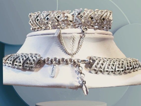 Vintage 70s Signed Monet Demi-Parure, Wide Silver Ton… - Gem